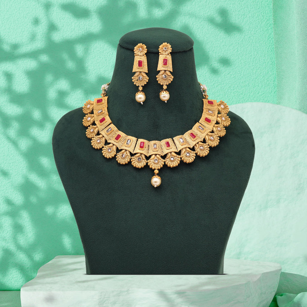 Rani Color Matte Gold Rajwadi Temple Necklace Set