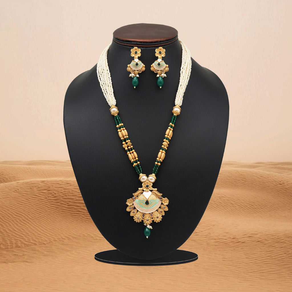 Green Color Meena Work Matte Gold Rajwadi Temple Necklace Set