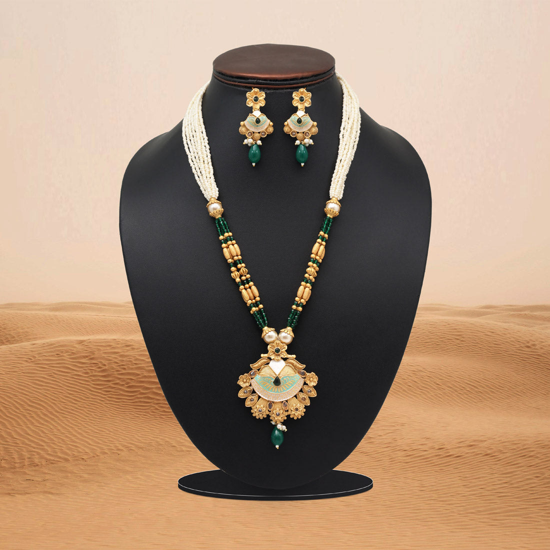 Green Color Meena Work Matte Gold Rajwadi Temple Necklace Set