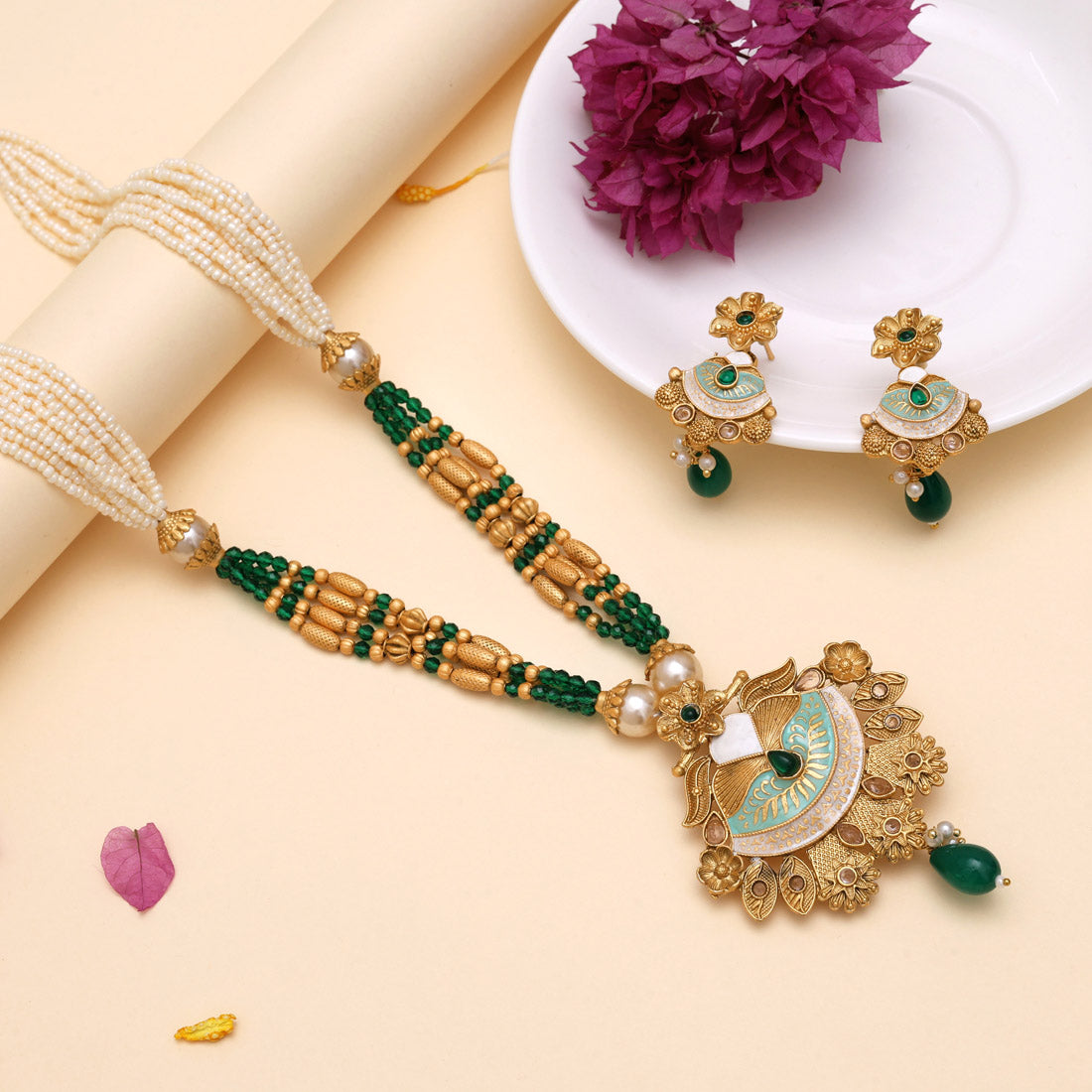 Green Color Meena Work Matte Gold Rajwadi Temple Necklace Set