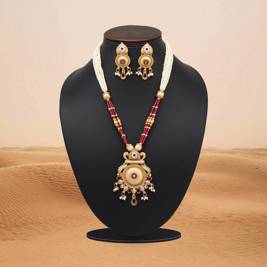 Rani Color Meena Work Matte Gold Rajwadi Temple Necklace Set