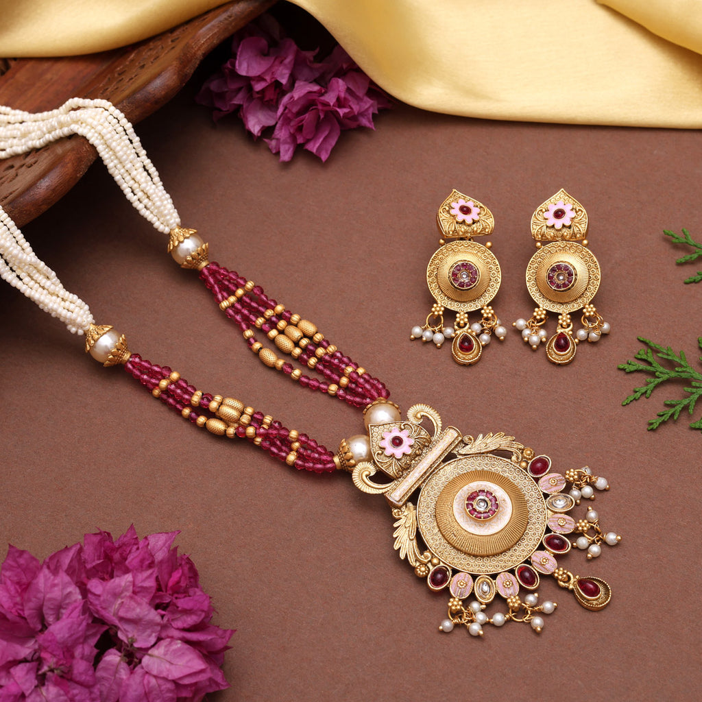 Rani Color Meena Work Matte Gold Rajwadi Temple Necklace Set