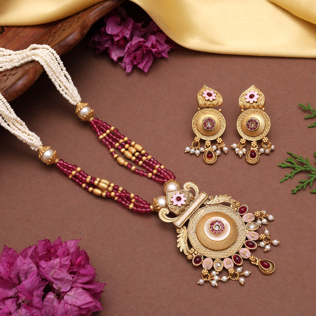 Rani Color Meena Work Matte Gold Rajwadi Temple Necklace Set