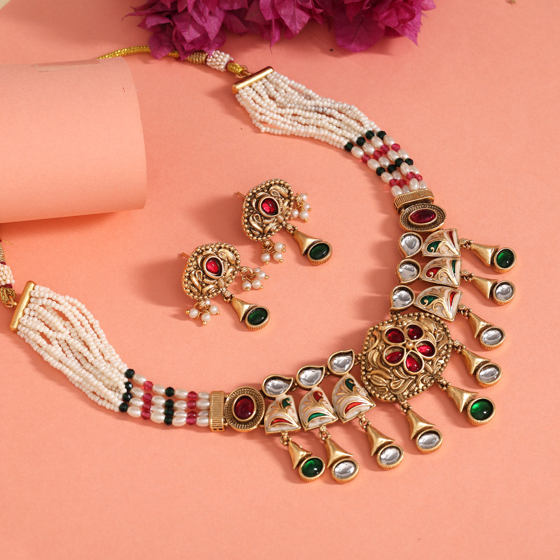 Rani & Green Color Matte Gold Rajwadi Temple Necklace Set (TPLN701RNIGRN)