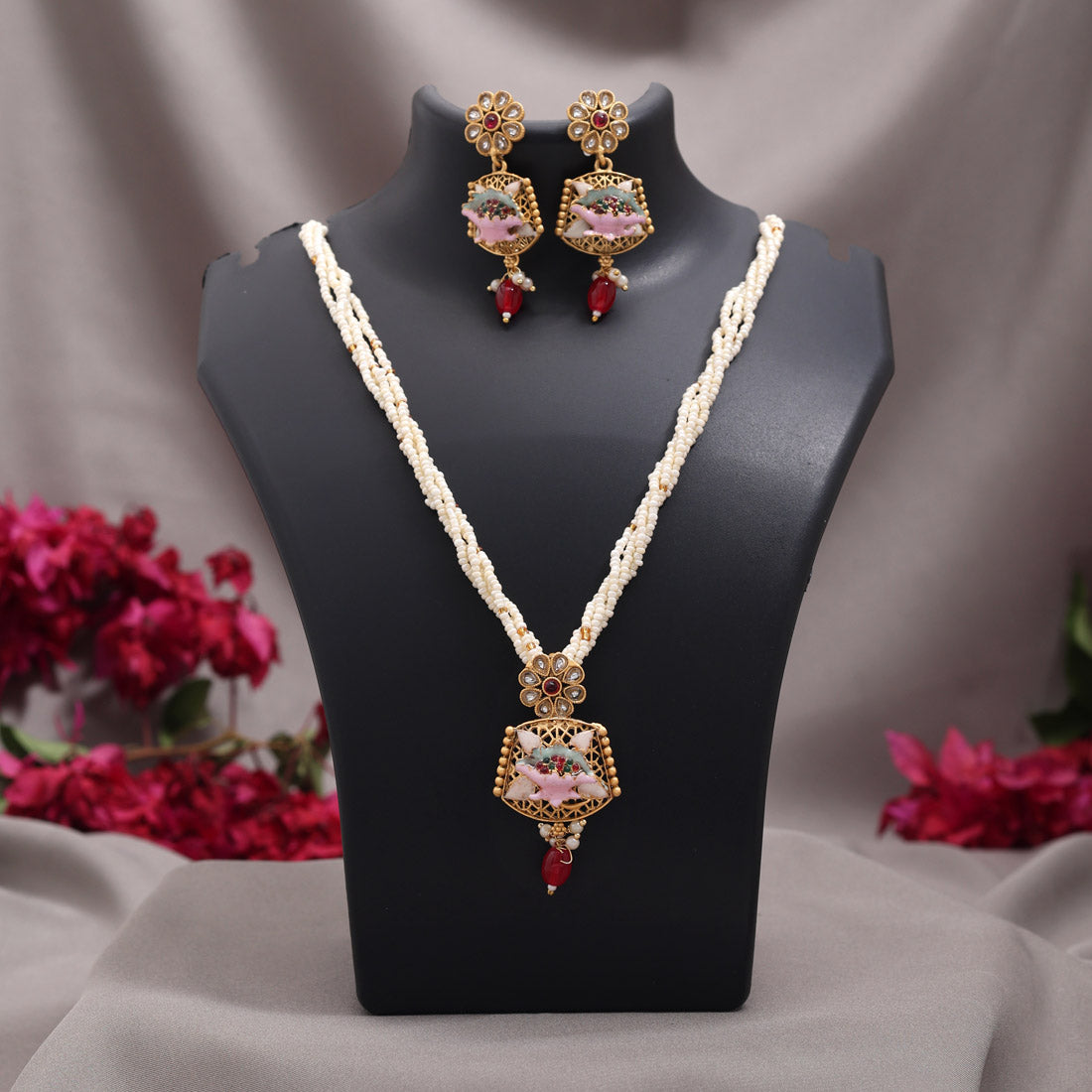 Rani & Green Color Meena Work Matte Gold Rajwadi Temple Necklace Set