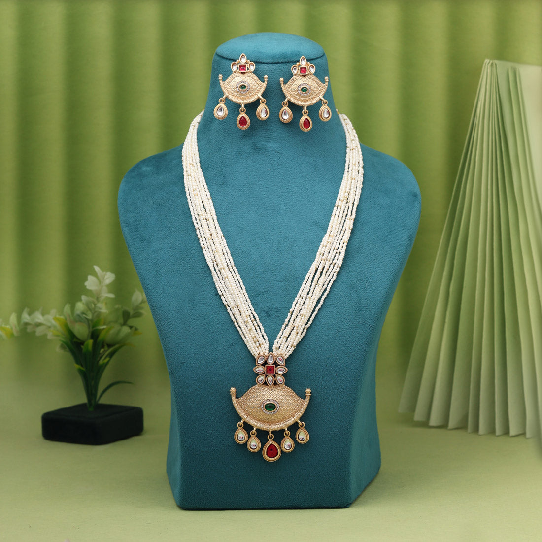 Rani & Green Color Matte Gold Rajwadi Temple Necklace Set (TPLN757RNIGRN)
