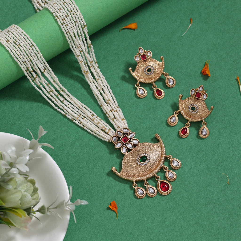 Rani & Green Color Matte Gold Rajwadi Temple Necklace Set (TPLN757RNIGRN)