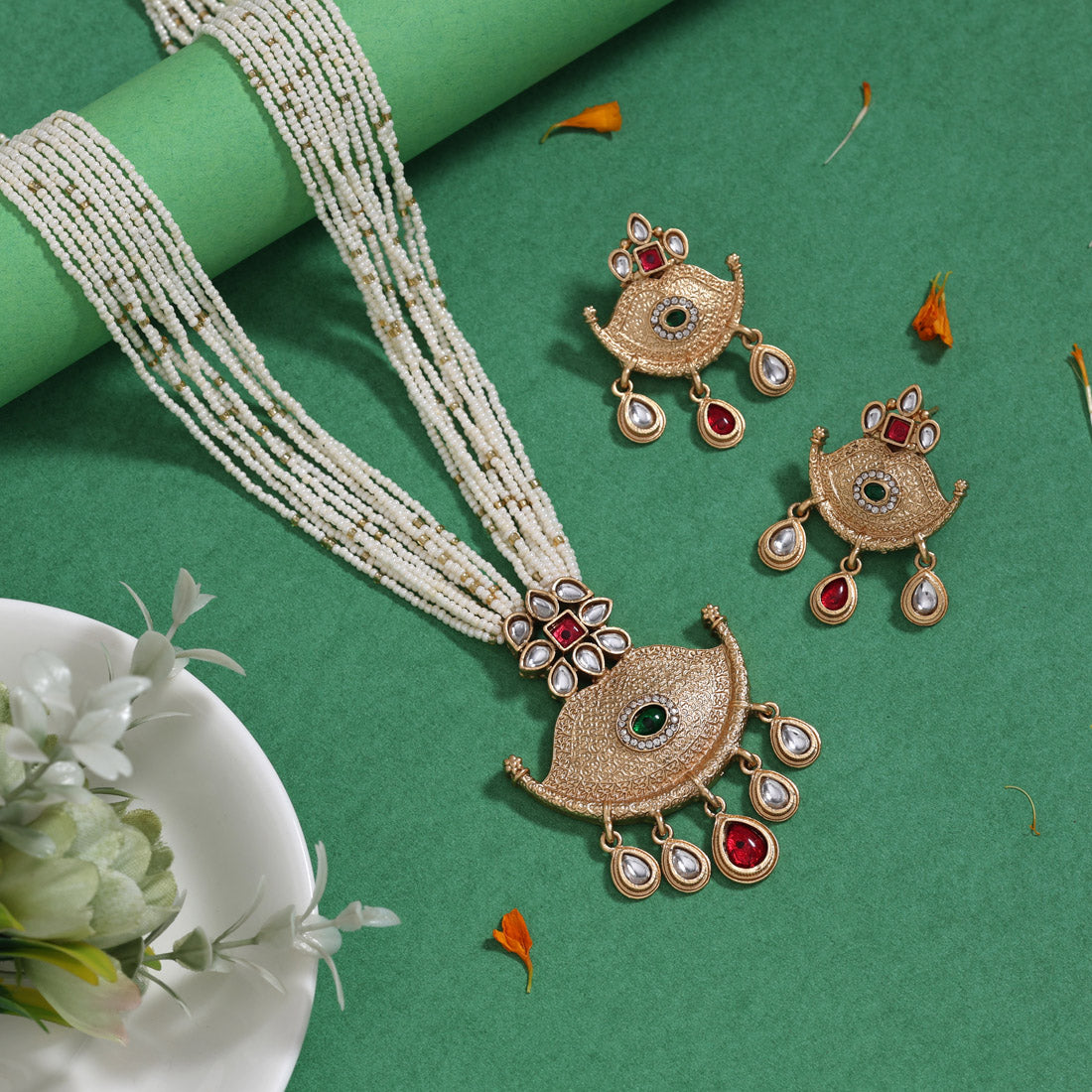 Rani & Green Color Matte Gold Rajwadi Temple Necklace Set (TPLN757RNIGRN)